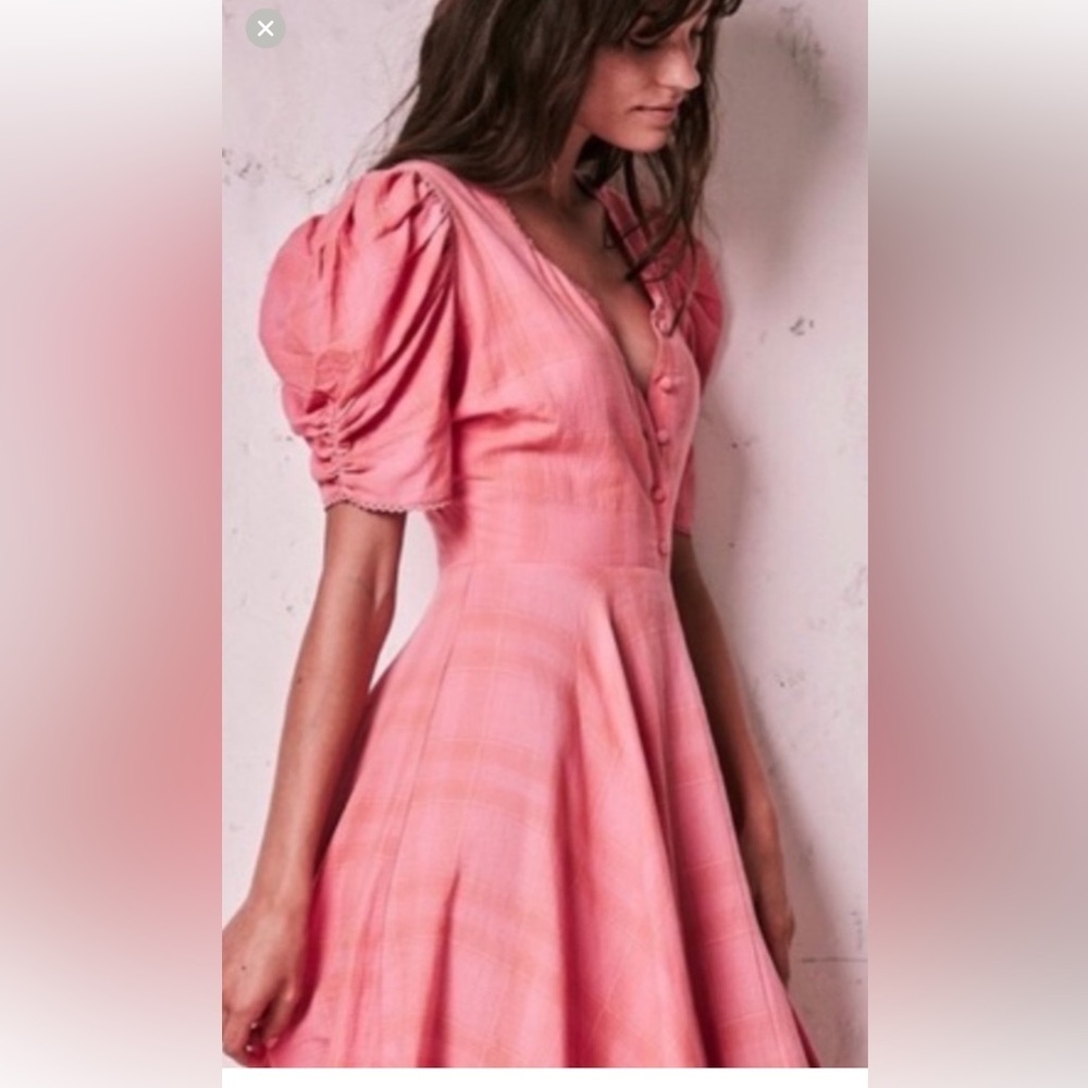 LoveShackFancy Women's Coraline Pink Puff-Sleeve Fit & Flare Dress Medium